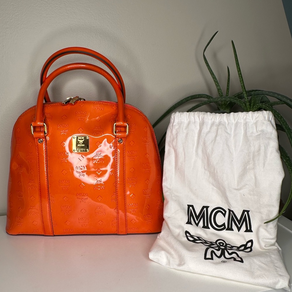 MCM Ivana Patent Leather Large Bowler Bag Orange Printed Logo Y2k Pristine - Picture 2 of 13